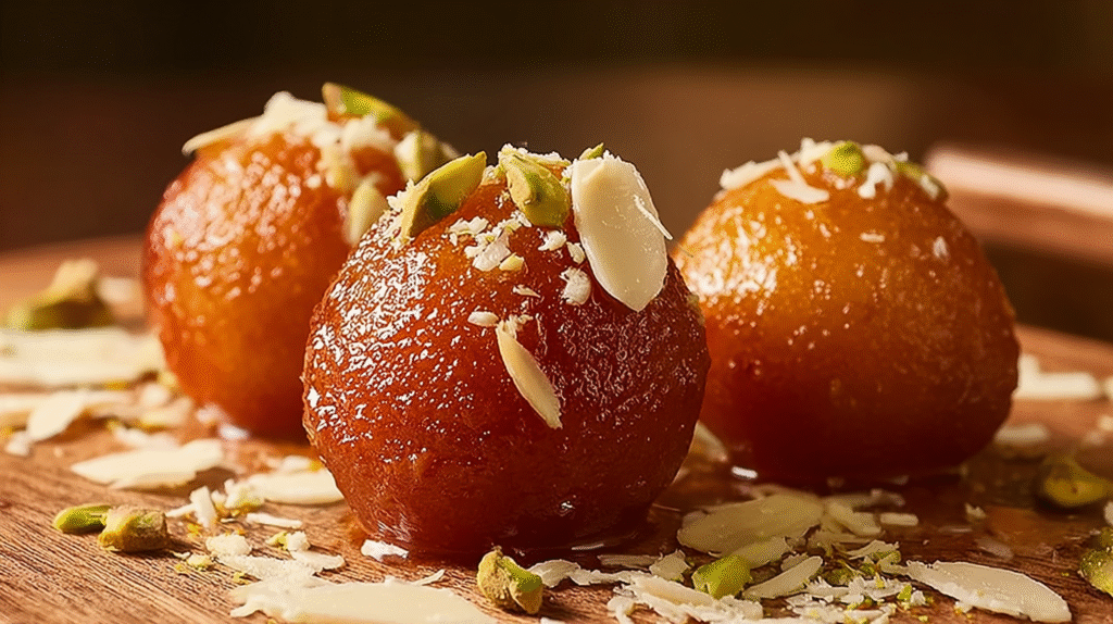Dessert indien : Recette authentique de Gulab Jamun sans gluten 7 Dessert indien Gulab Jamun servi avec sirop et pistaches
