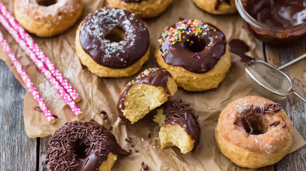 Donuts sans gluten nappés de chocolat et noix de coco