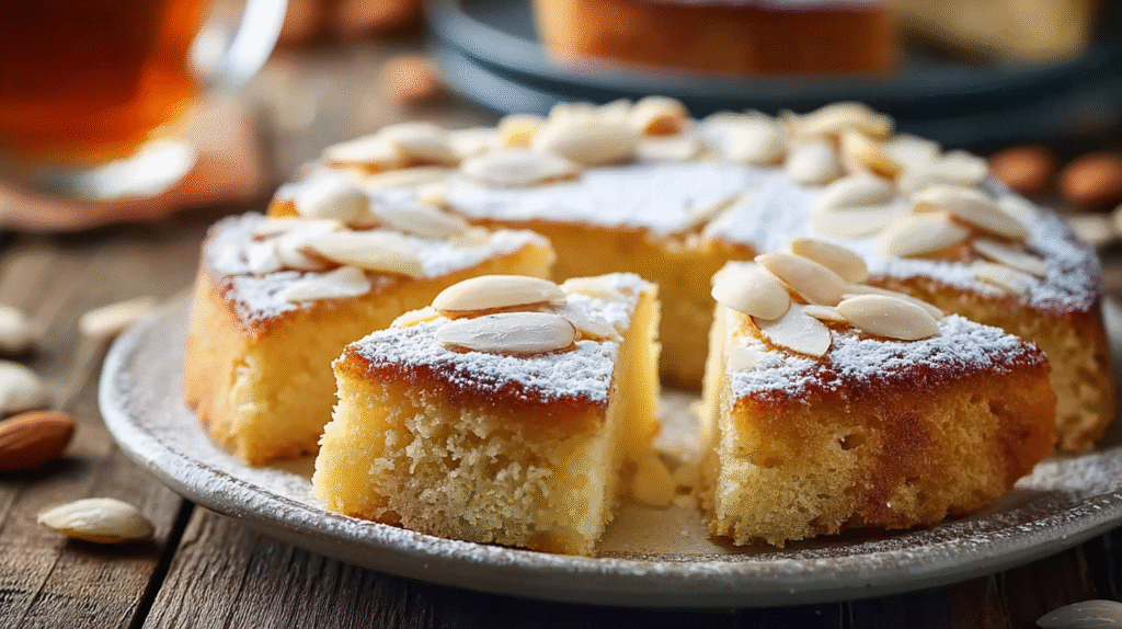Gâteau aux amandes sans gluten sur une table rustique