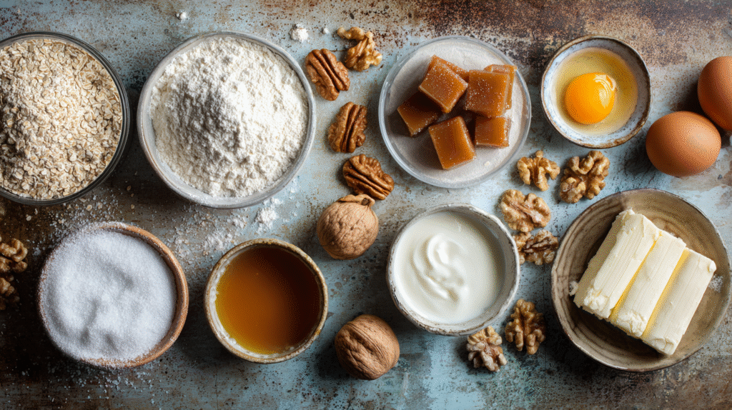 Gâteau au Carambar sans gluten : moelleux, facile et régressif 6 Ingrédients du gâteau au Carambar sans gluten disposés sur un plan de travail