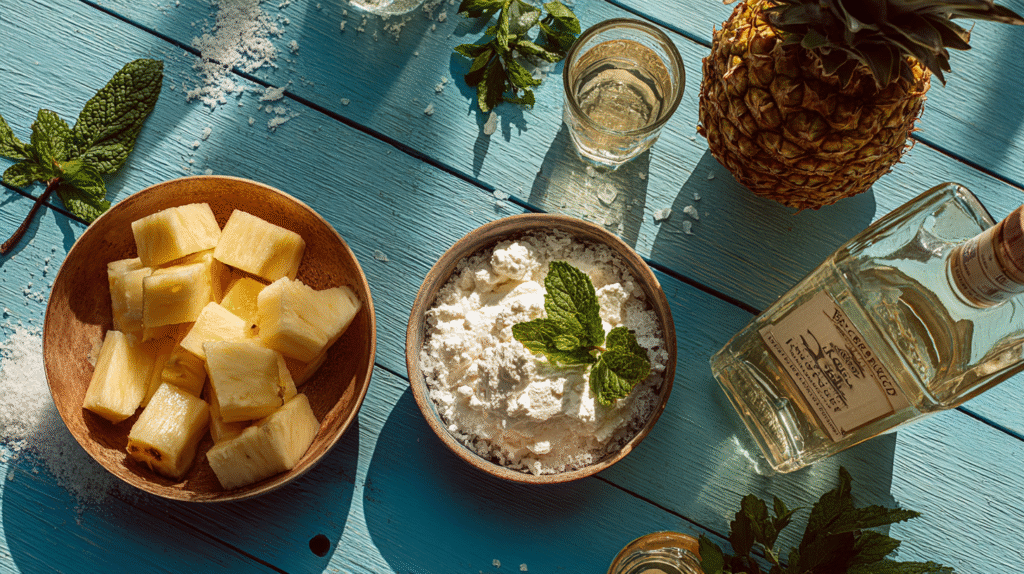Recette Piña Colada sans gluten facile et rapide à préparer chez soi 6 Ingrédients de la recette Piña Colada sans gluten sur une table en bois