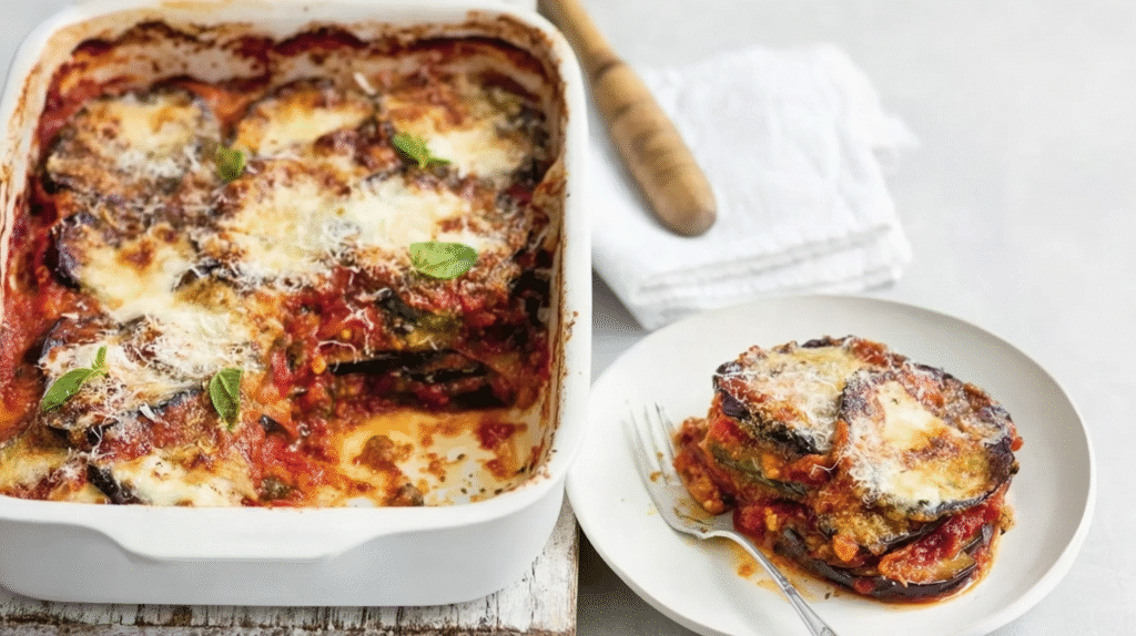 Recette aubergine au four : fondante, gratinée et sans gluten 7 Assiette de recette aubergine au four servie avec salade et pain sans gluten