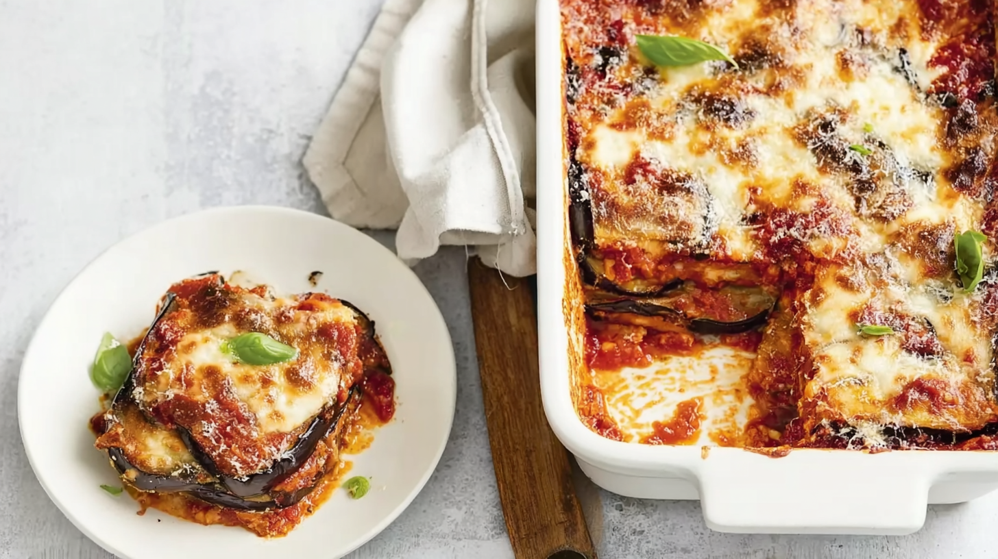 Recette aubergine au four : fondante, gratinée et sans gluten 4 Recette aubergine au four gratinée à l’italienne, servie dans un plat rustique