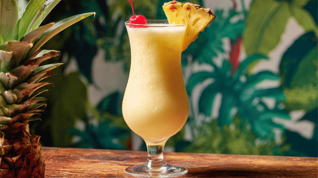 Recette Piña Colada sans gluten présentée sur une table tropicale