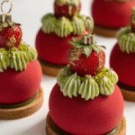 Boules de Noël : la recette sans gluten fraise-pistache à couper le souffle 5 Boules de Noël sans gluten décorées de spray rouge velours et flocons en pâte à sucre