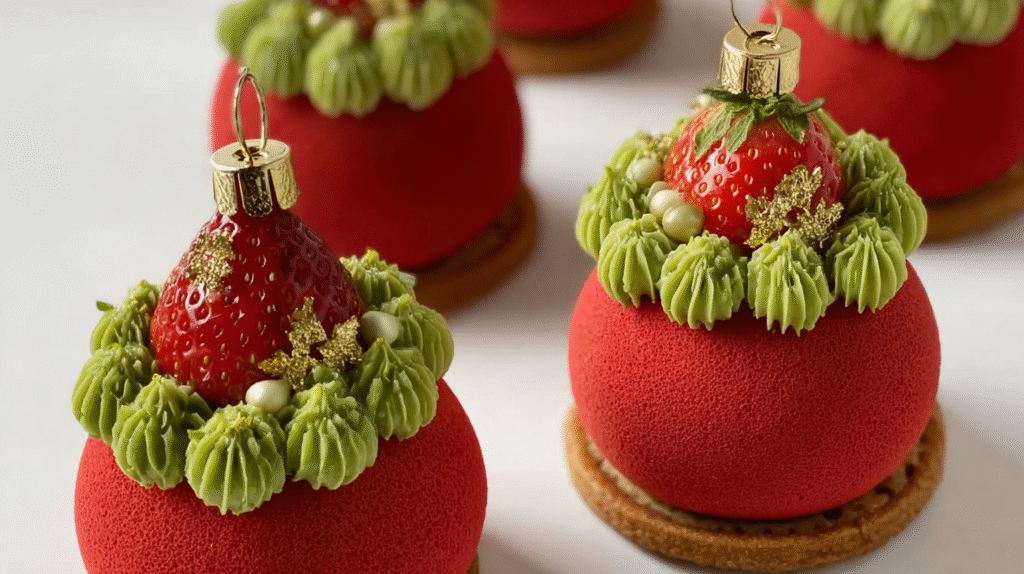 Boules de Noël : la recette sans gluten fraise-pistache à couper le souffle 7 Boules de Noël servies en dessert de fête, sans gluten