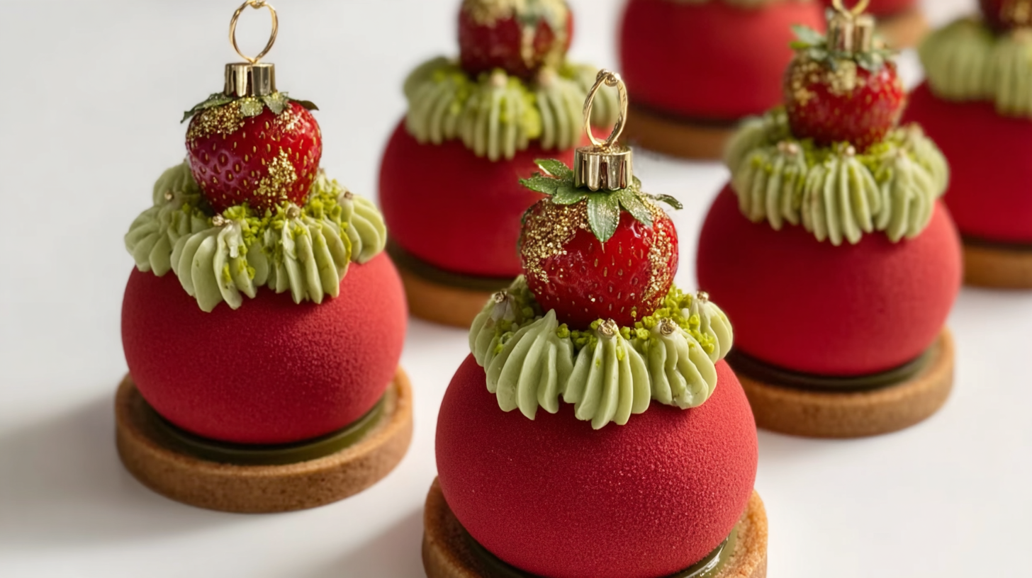 Boules de Noël : la recette sans gluten fraise-pistache à couper le souffle 4 Boules de Noël sans gluten décorées de spray rouge velours et flocons en pâte à sucre
