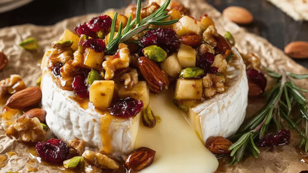 Brie au Four aux Pommes et à l’Érable : la recette sucrée-salée parfaite 7 Présentation du brie au four avec crackers et fruits