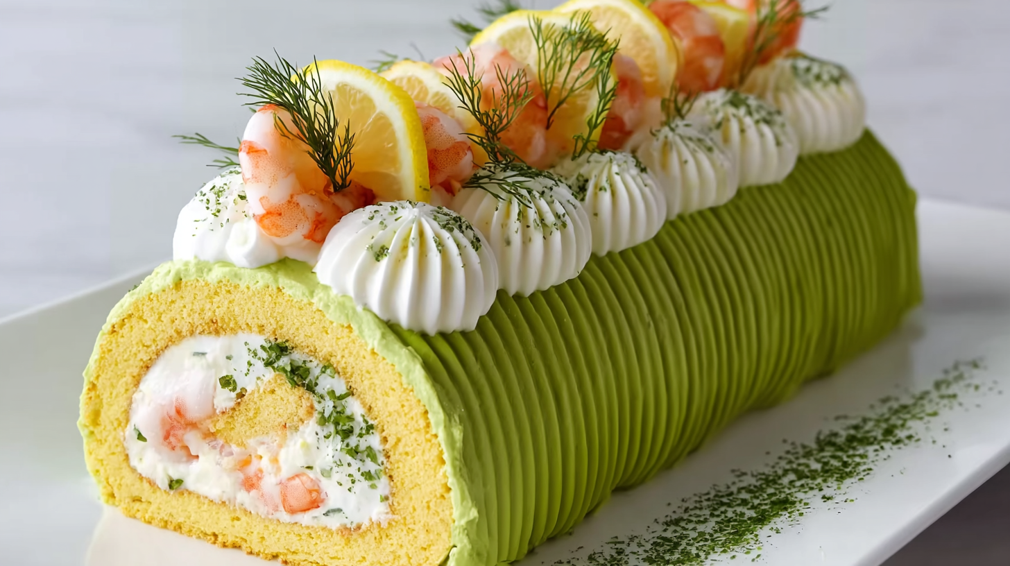 Bûche aux crevettes avocat et citron vert : fraîcheur festive sans gluten 4 Bûche aux crevettes avocat et citron vert sur planche festive sans gluten