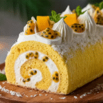 Bûche mangue passion sans gluten : fraîche, légère et festive 5 Bûche mangue passion sans gluten sur une table festive