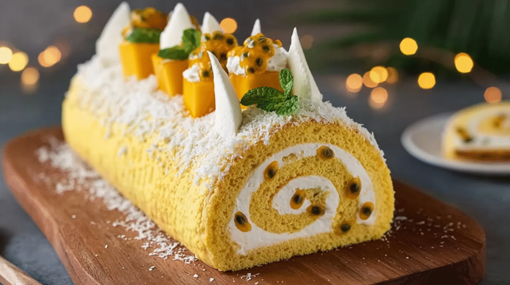 Bûche mangue passion sans gluten : fraîche, légère et festive 7 Tranche servie de bûche mangue passion sans gluten