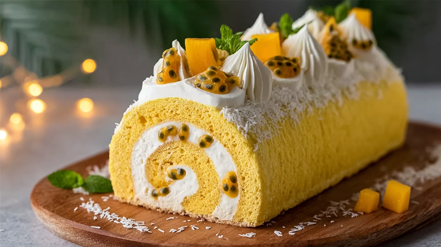 Bûche mangue passion sans gluten : fraîche, légère et festive 4 Bûche mangue passion sans gluten sur une table festive