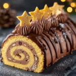 Bûche de Noël roulée au chocolat et noisettes : recette festive facile 5 Bûche de Noël roulée au chocolat et noisettes sur planche en bois