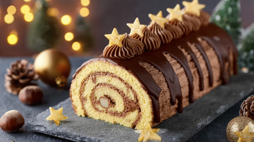 Bûche de Noël roulée au chocolat et noisettes : recette festive facile 7 Bûche chocolat noisettes servie à Noël