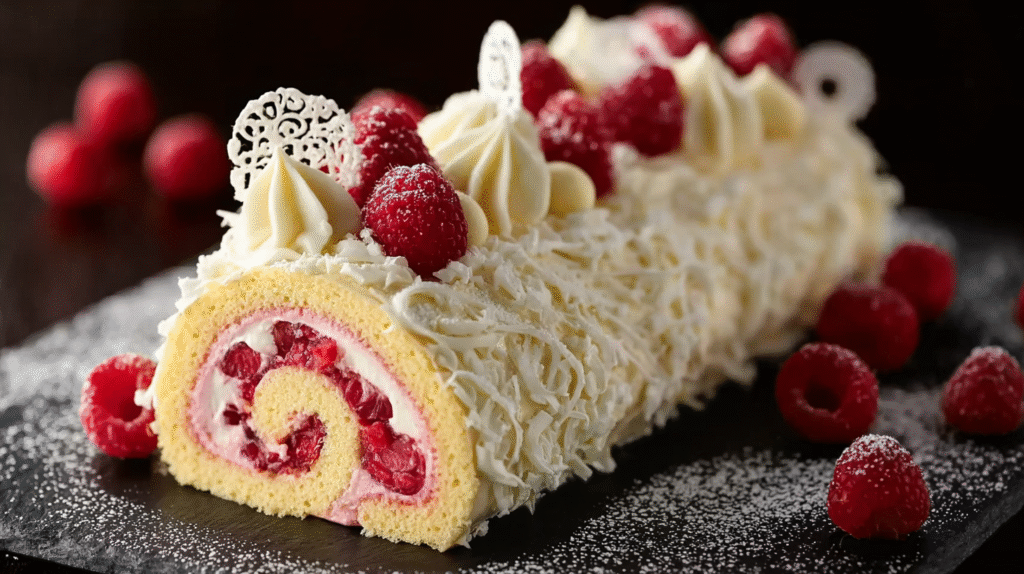 Bûche de Noël exceptionnelle sans gluten : framboises & chocolat blanc 7 Part de bûche de Noël exceptionnelle servie à table