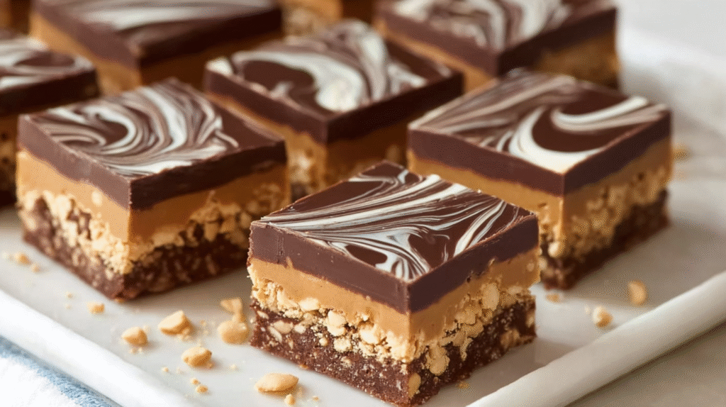 Carrés marbrés chocolat cacahuètes sans cuisson dans un moule