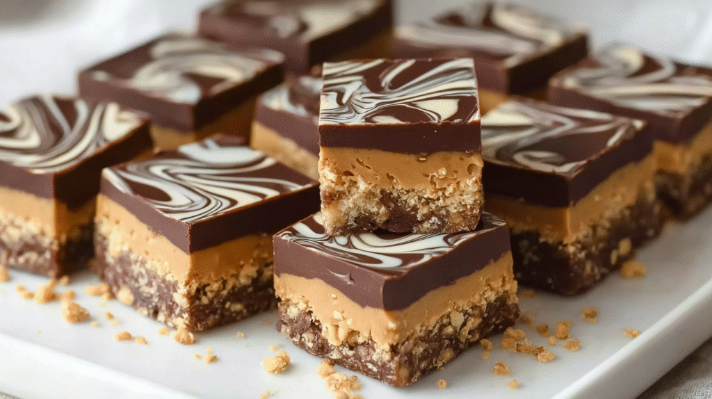 Carrés marbrés chocolat cacahuètes sans cuisson : irrésistibles et sans gluten 7 Carrés marbrés chocolat cacahuètes sans cuisson servis sur assiette