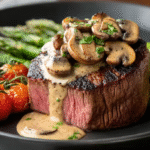 Filet Mignon Sauce Boursin aux Champignons : Fondant et Sans Gluten 5 Filet mignon sauce Boursin aux champignons sur assiette rustique