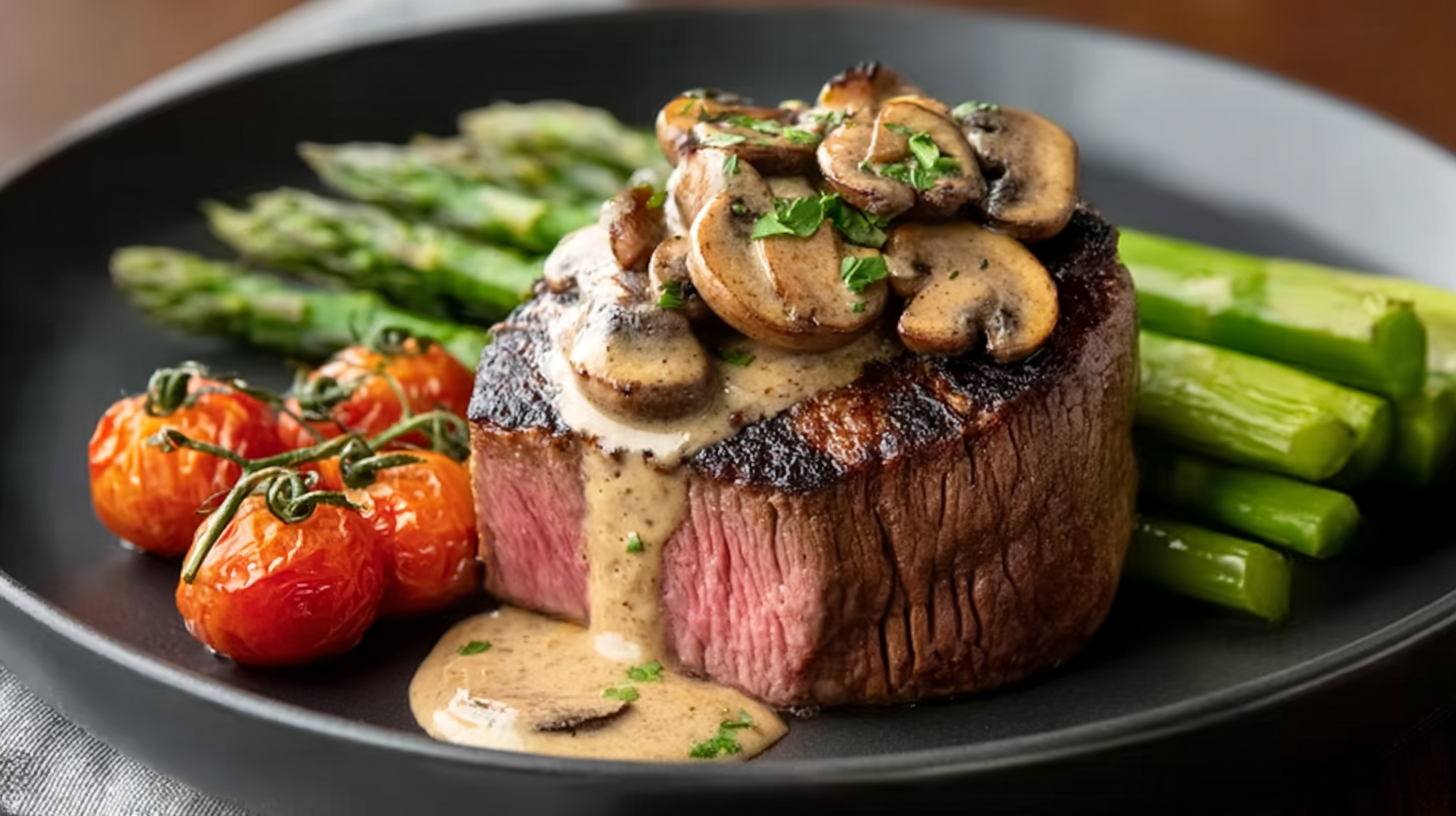 Filet Mignon Sauce Boursin aux Champignons : Fondant et Sans Gluten 4 Filet mignon sauce Boursin aux champignons sur assiette rustique