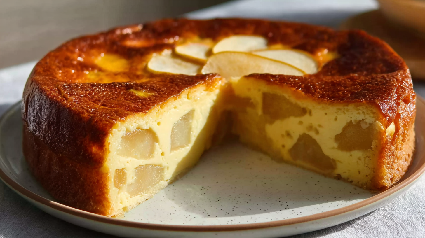 Flan aux pommes et yaourt sans gluten : fondant, simple et irrésistible 4 Flan aux pommes et yaourt sans gluten sorti du four dans un plat rustique