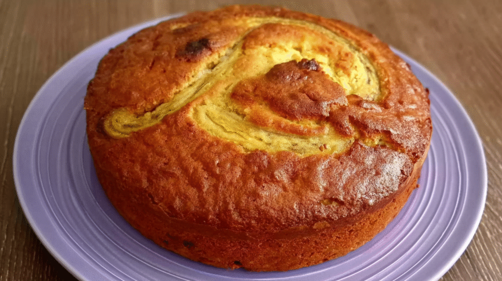 gâteau à la banane sans gluten doré et moelleux sur une table en bois