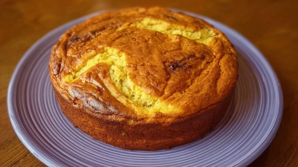 gâteau à la banane sans gluten servie avec une tasse de thé