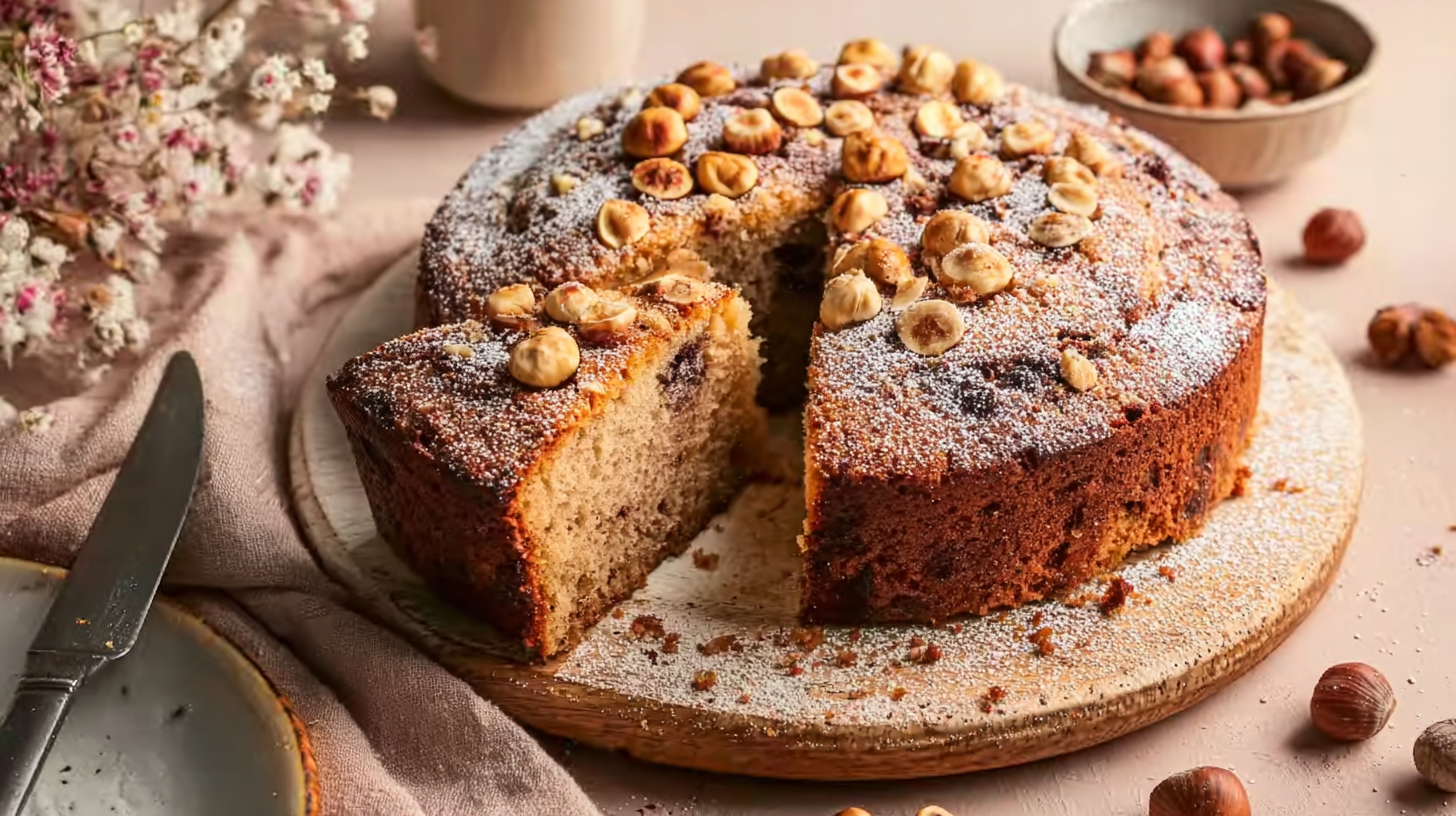 Gâteau aux noisettes sans gluten sur une table rustique