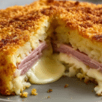 Gâteau de pommes de terre farci au jambon et fromage sans gluten servi dans un plat rustique