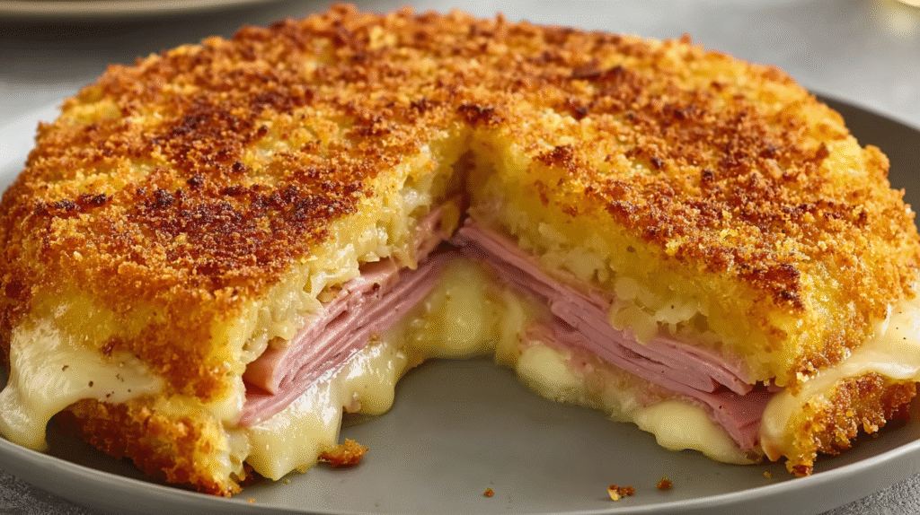 gâteau de pommes de terre farci au jambon et fromage sans gluten servie avec salade
