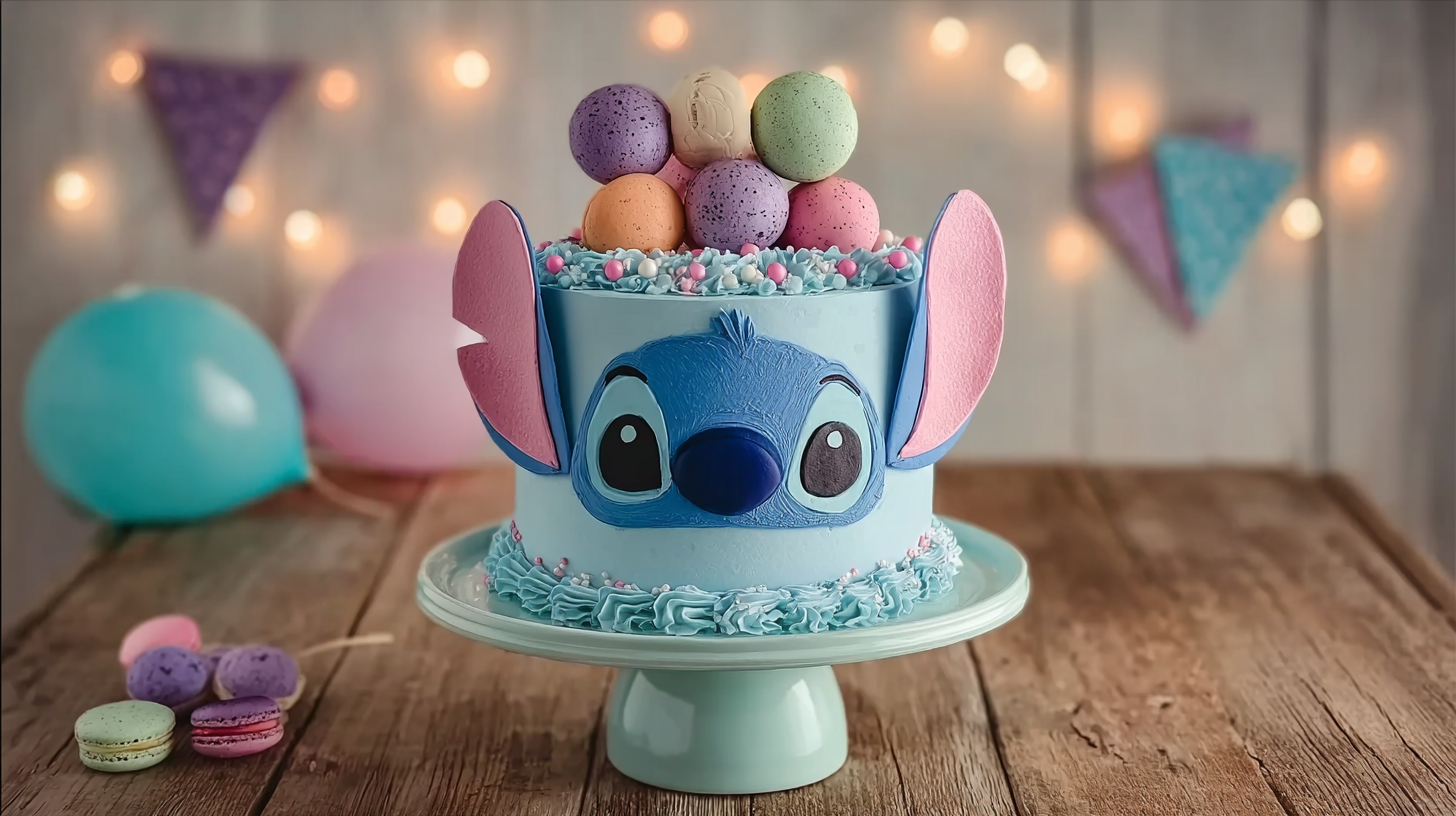 Gâteau Stitch sans gluten : une recette facile, joyeuse et bluffante 4 gâteau Stitch sans gluten décoré en bleu sur table blanche