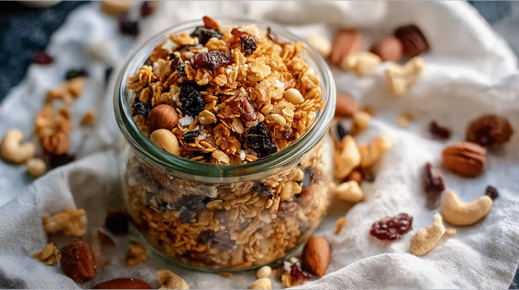 Granola sans gluten maison dans un bocal sur fond rustique