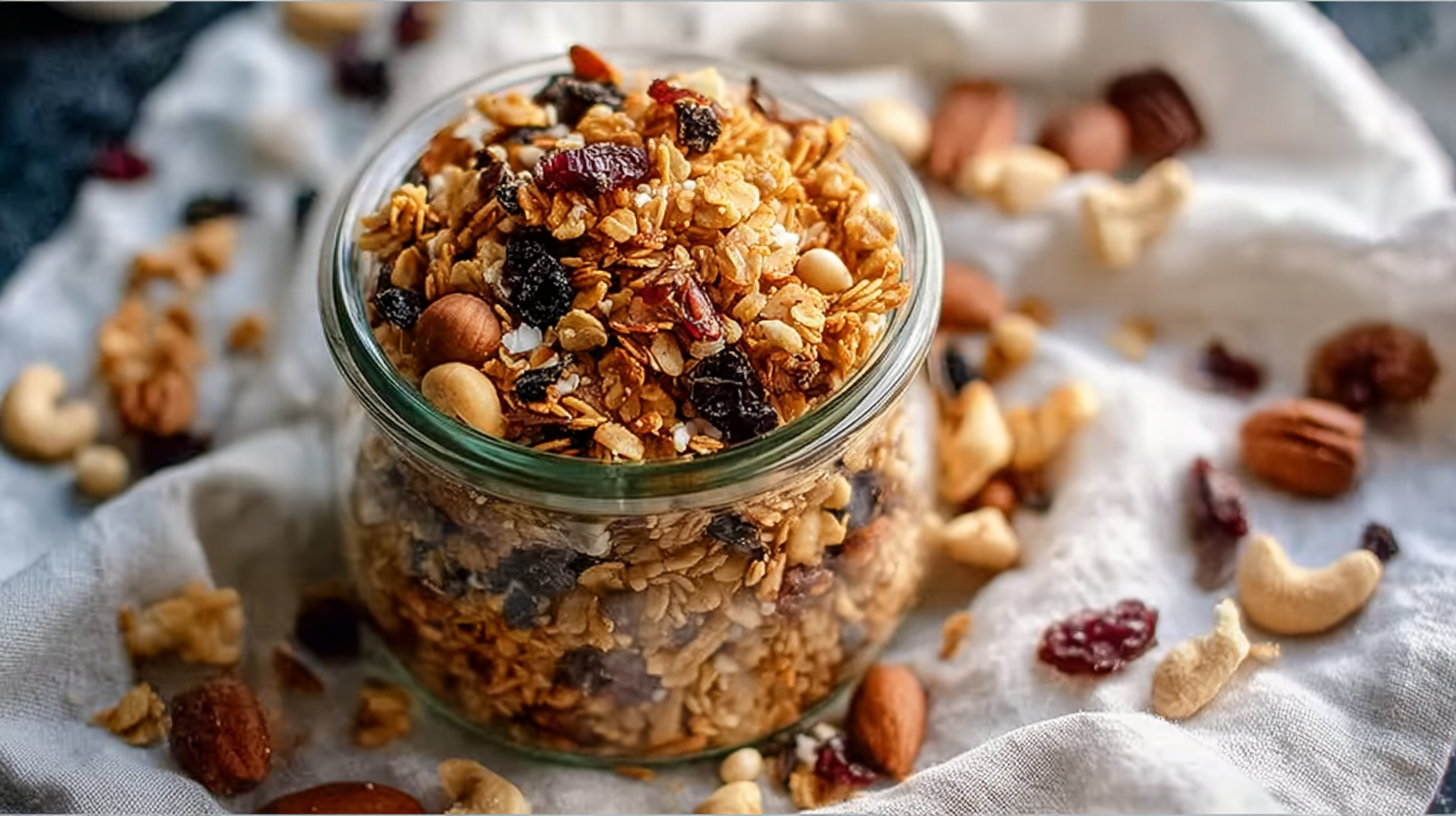 Granola sans gluten maison : recette facile, croustillante et saine 4 Granola sans gluten maison dans un bocal sur fond rustique
