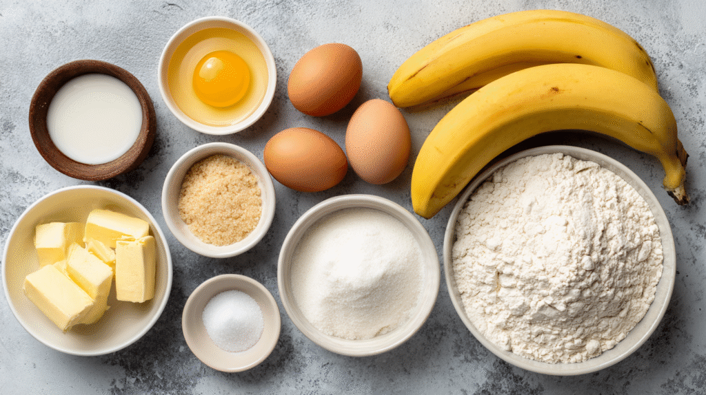 ingrédients pour un gâteau à la banane sans gluten sur un plan de travail