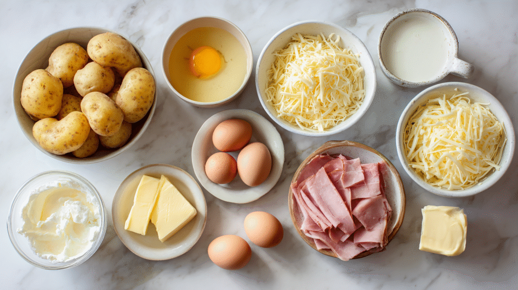 Ingrédients sans gluten pour gâteau de pommes de terre farci au jambon et fromage