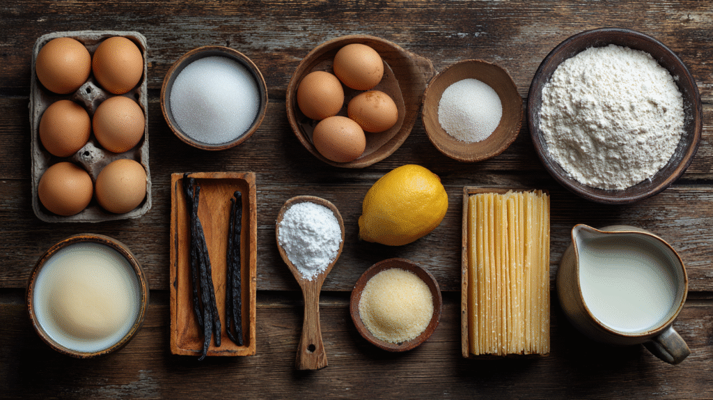 Gâteau portugais : recette sans gluten du mythique Pastel de Nata 6 Ingrédients pour pastel de nata sans gluten sur table en bois