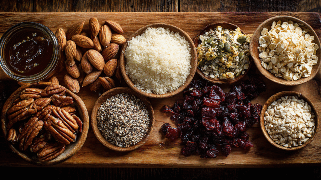 Granola sans gluten maison : recette facile, croustillante et saine 6 Ingrédients du granola sans gluten disposés sur planche en bois