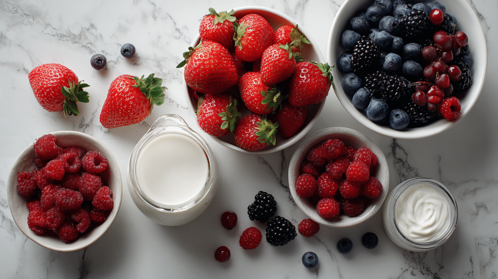 ingrédients pour smoothie aux fruits rouges