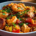 Jambalaya créole sans gluten : recette savoureuse et facile à préparer 5 Jambalaya créole sans gluten servi dans une cocotte rustique