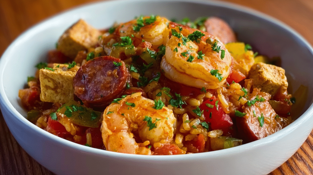 Jambalaya créole sans gluten : recette savoureuse et facile à préparer 7 Assiette de jambalaya créole sans gluten servie chaud