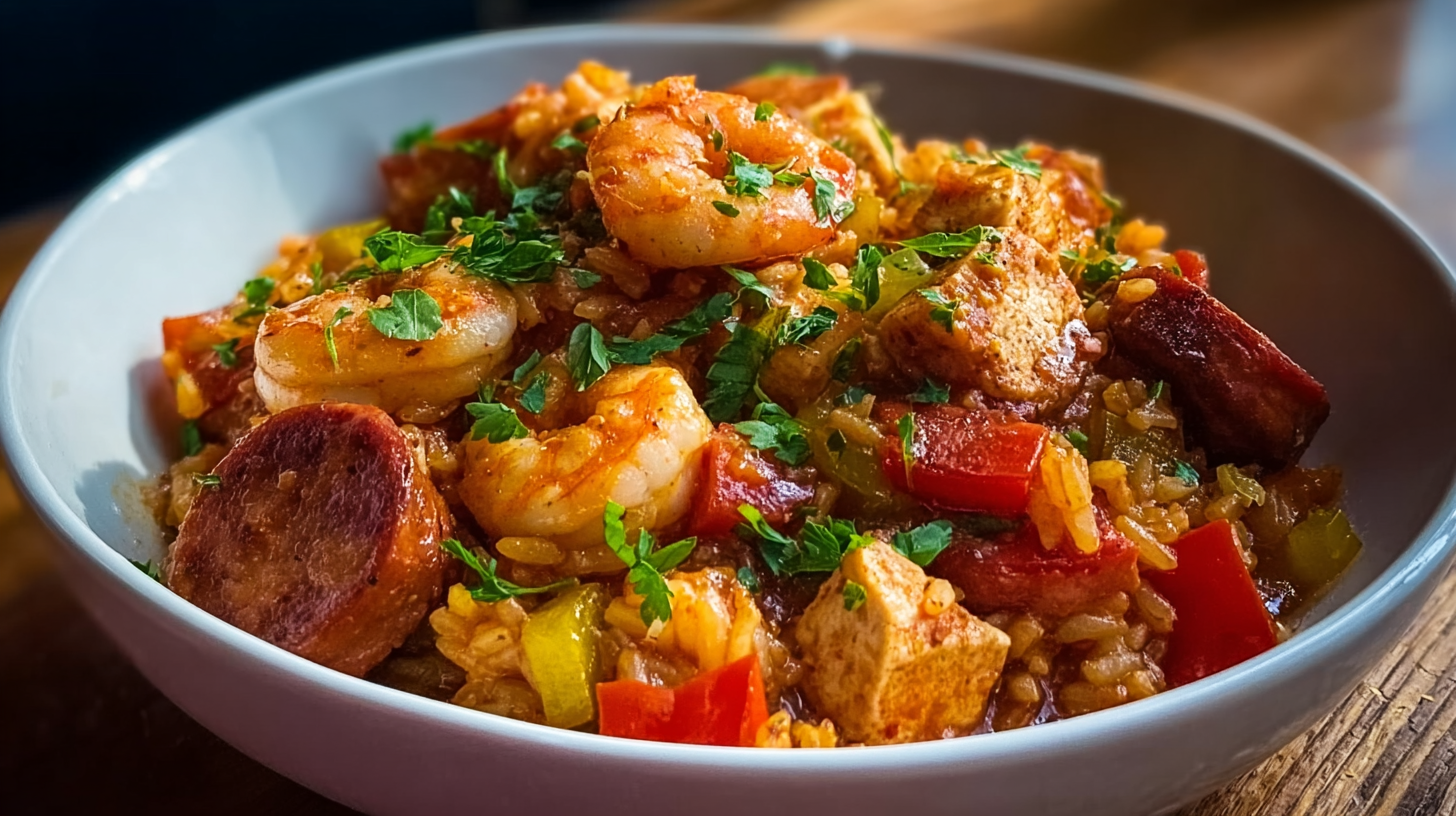 Jambalaya créole sans gluten : recette savoureuse et facile à préparer 4 Jambalaya créole sans gluten servi dans une cocotte rustique