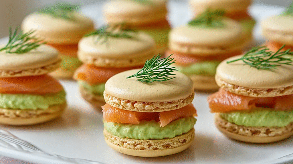 Macarons salés au saumon fumé et crème d’avocat citronnée faciles et sans gluten 7 macarons salés au saumon fumé servis à table