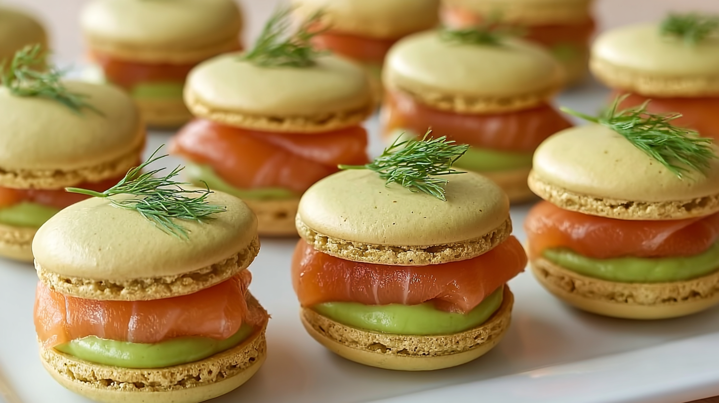 Macarons salés au saumon fumé et crème d’avocat citronnée faciles et sans gluten 4 macarons salés au saumon fumé et crème d’avocat citronnée en présentation élégante