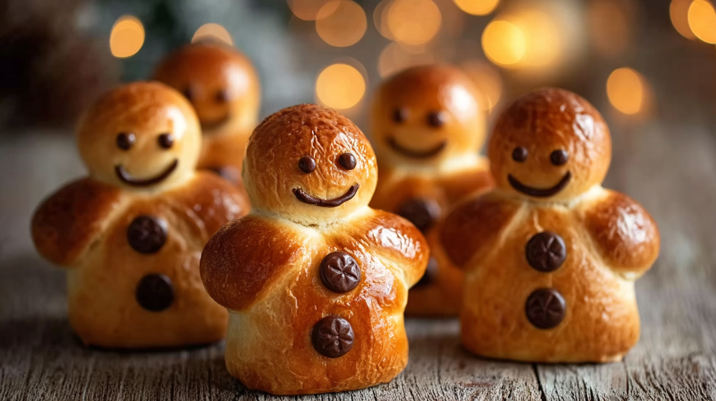 Manalas de Noël sans gluten : moelleux, festifs et faciles à faire 4 Manalas de Noël sans gluten dorés sur table en bois rustique