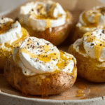 Pomme de terre farcie chèvre miel gourmand : simple, crémeuse et savoureuse 5 Pomme de terre farcie au chèvre et miel doré en ambiance rustique