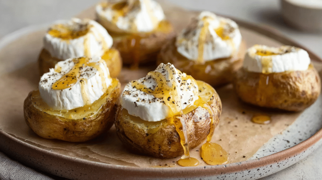 Pomme de terre farcie chèvre miel gourmand : simple, crémeuse et savoureuse 7 Pomme de terre farcie servie avec salade de roquette