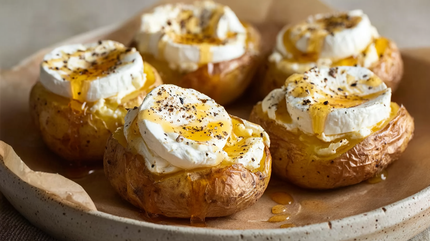 Pomme de terre farcie chèvre miel gourmand : simple, crémeuse et savoureuse 4 Pomme de terre farcie au chèvre et miel doré en ambiance rustique