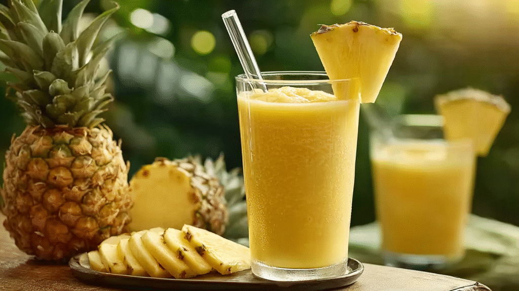 Smoothie ananas frais et sans gluten : la recette simple et vitaminée 7 Smoothie ananas servi dans un verre avec décoration
