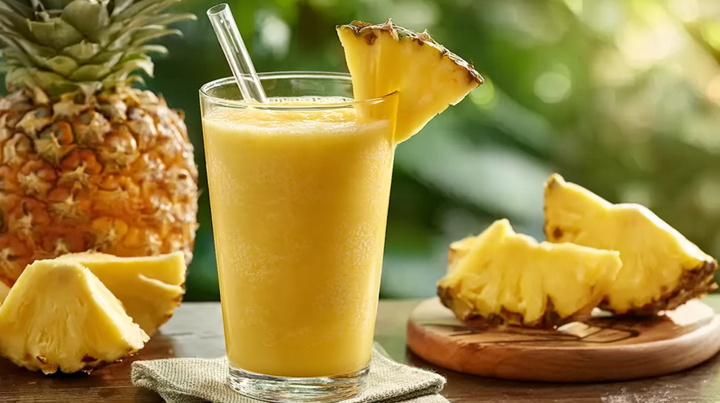 Smoothie ananas frais et sans gluten : la recette simple et vitaminée 4 Smoothie ananas frais et sans gluten sur table en bois