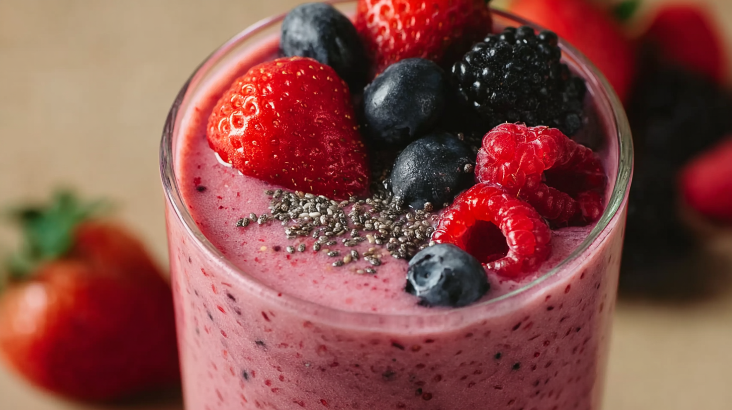 smoothie aux fruits rouges dans un verre sur table rustique