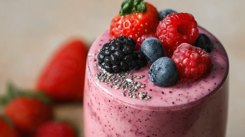 smoothie aux fruits rouges servi avec menthe
